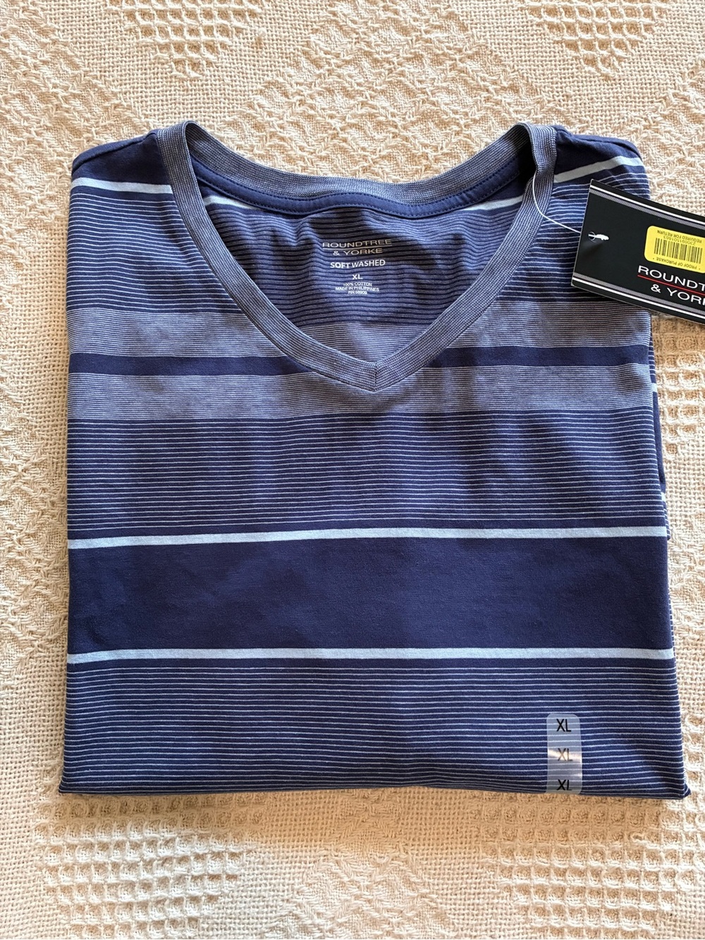 Roundtree & Yorke V-Neck Soft Washed Tee Shirt Blue Stripe Men’s Sz XL New!